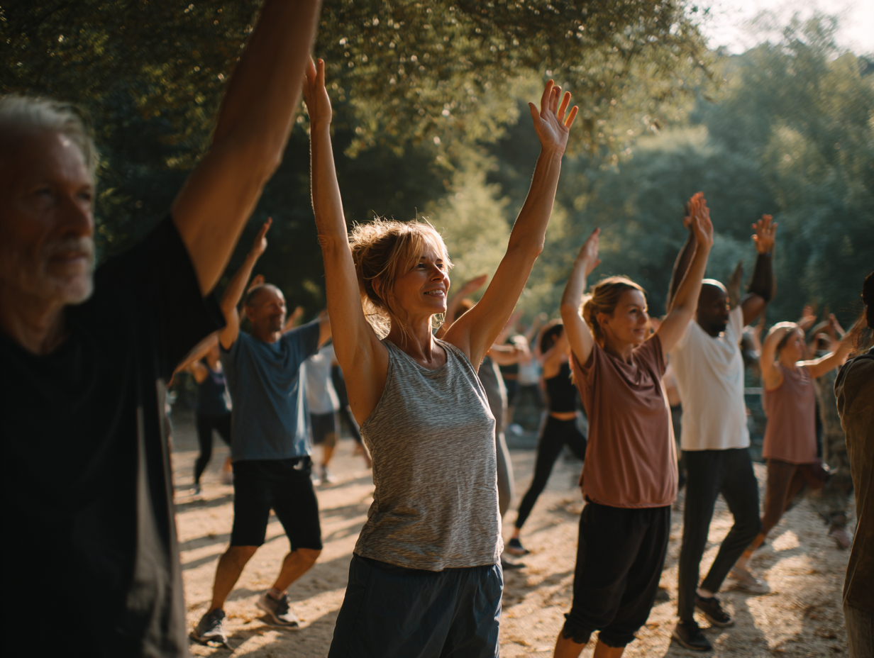 Люди різного віку займаються фітнесом в сучасному залі